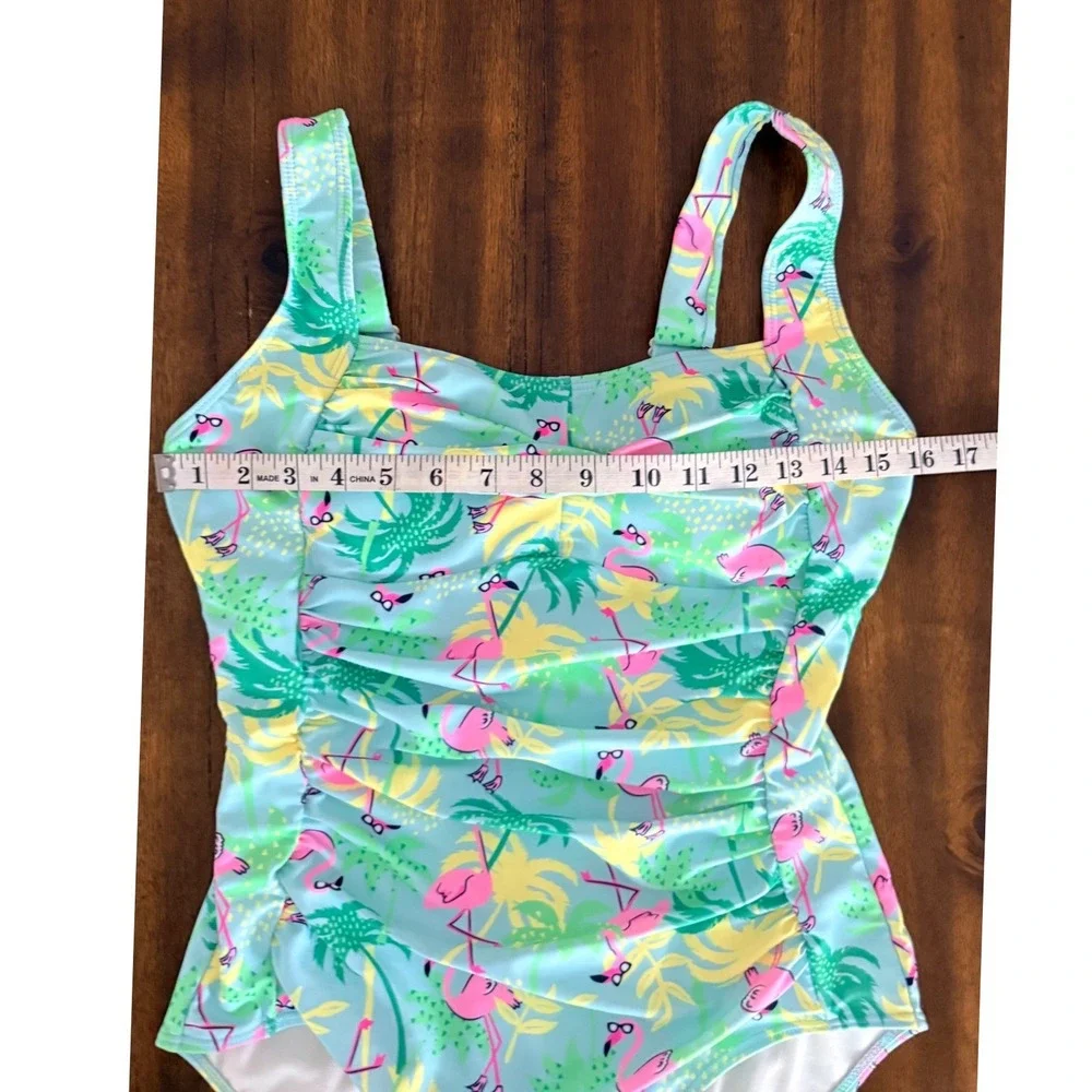 Berkley Jensen Womens Flamingo‎ Palm Tree One Piece Ruched Swimsuit Blue Size M